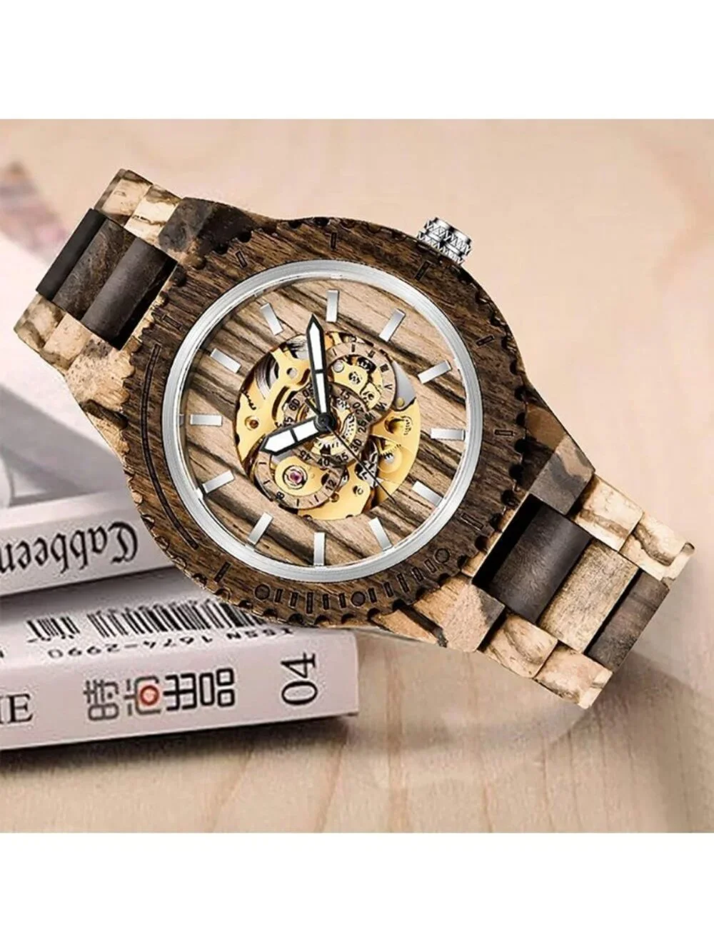 Men's Dark Brown Analog No Battery Fashion Mechanical Movement Wooden Watch